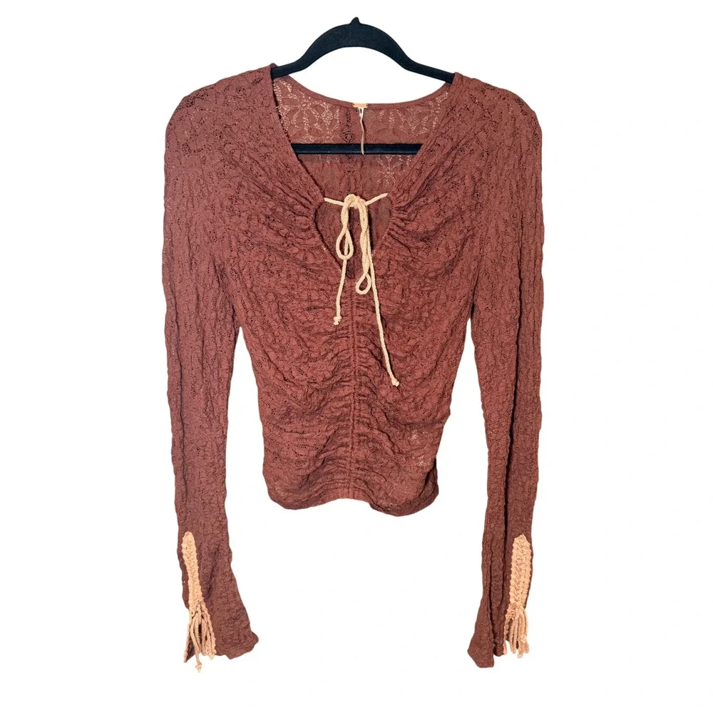 Free People Lilah Lace Top Ruched Keyhole Long Sleeve Boho Brown Size Medium